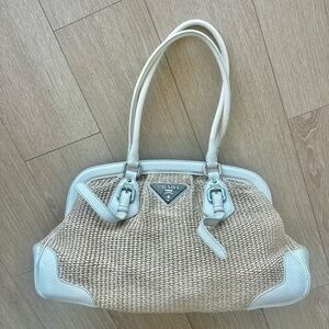 Prada Natural Straw Tote with White Leather Trim